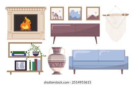 Furniture items in home. Blue sofa, vase, bookshelves and fireblace. Comfort and coziness in apartment. Interior and decor elements. Flat vector collection isolated on white background