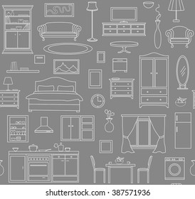 Furniture Items Seamless Pattern in linear simple style. Living Room, Bedroom, Kitchen Interior Elements.