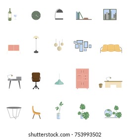 Furniture items set. Sofa and lamp, plants and mirrors.