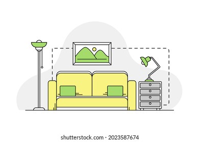 Furniture Items with Sofa and Cabinet Line Vector Illustration