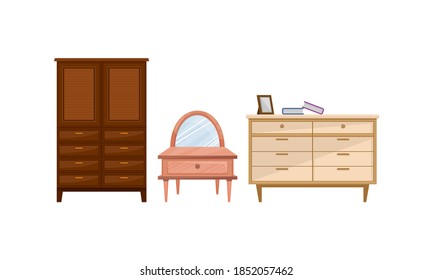 Furniture Items with Wardrobe and Cabinet with Drawers Vector Set