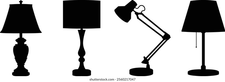 Furniture lamp silhouette set with traditional shaded lamps and folding arm lamp.