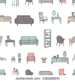 Furniture, lamps and plants for the home on white background. Vector  seamless pattern