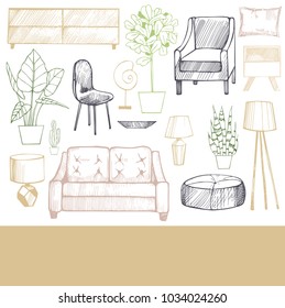 Furniture, lamps and plants for the home. Vector sketch  illustration.