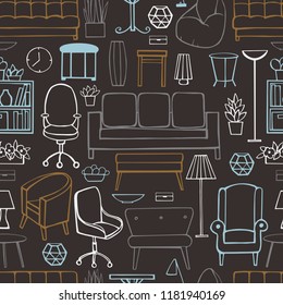 Furniture, lamps and plants for the home. Vector  seamless pattern
