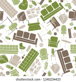 Furniture, lamps and plants for the home. Vector  seamless pattern