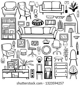 Furniture, lamps and plants for the home. Vector sketch  illustration.