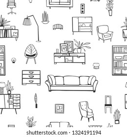 Furniture, lamps and plants for the home. Vector  seamless pattern