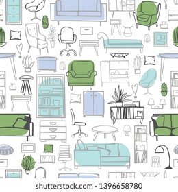Furniture, lamps and plants for the home. Vector  seamless pattern