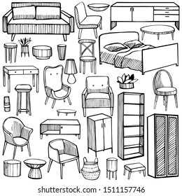 Furniture, lamps and plants for the home. Vector sketch illustration.