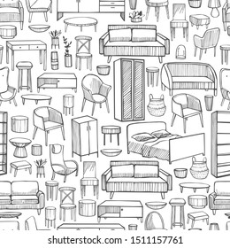 Furniture, lamps and plants for the home. Vector  seamless pattern