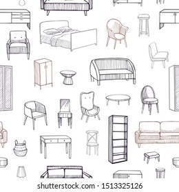 Furniture, lamps and plants for the home. Vector  seamless pattern