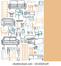 Furniture, lamps and plants for the home. Vector background.