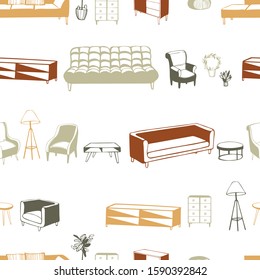 Furniture, lamps and plants for the home. Vector  seamless pattern