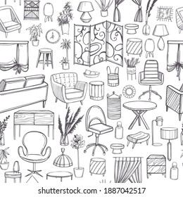 Furniture, lamps and plants for the home. Vector  seamless pattern