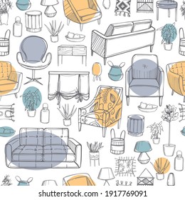 Furniture, lamps and plants for the home. Vector  seamless pattern