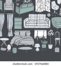 Furniture, lamps and plants for the home. Vector background.