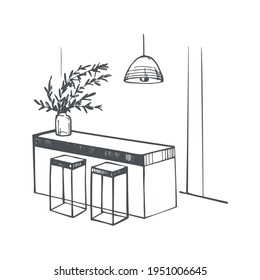 Furniture, lamps and plants for the home. Vector  sketch illustration.