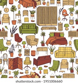 Furniture, lamps and plants for the home. Vector  seamless pattern