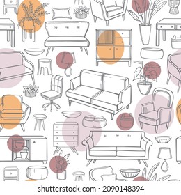 Furniture, lamps and plants for the home. Vector  seamless pattern