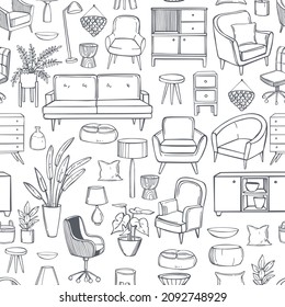 Furniture, lamps, and plants for the home. Vector  seamless pattern