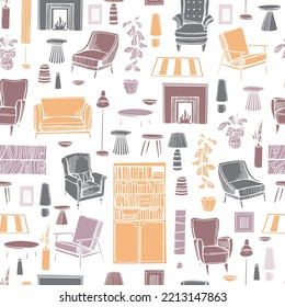 Furniture, lamps and plants for the home. Vector  seamless pattern