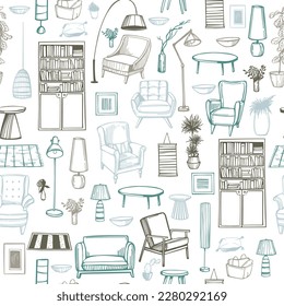 Furniture, lamps and plants for the home. Vector  seamless pattern