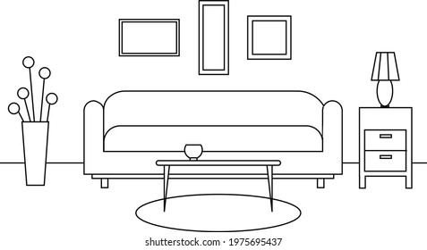 Furniture layout, living room interior design, sofa, table, curbstone, vase, paintings, rug. black and white mockup