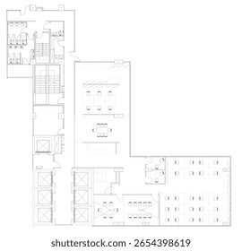 Plan de diseño de muebles para área de oficina central con ascensor, salida de incendios, sala de reuniones y recepción - Diseño de interiores Dibujo de Vector de AutoCAD