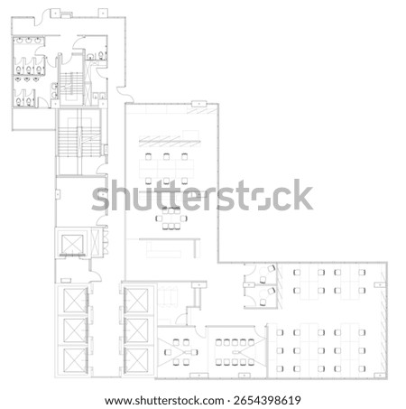 Furniture Layout Plan for Central Office Area with Lift, Fire Exit, Meeting Room and Reception – Interior Design AutoCAD Vector Drawing