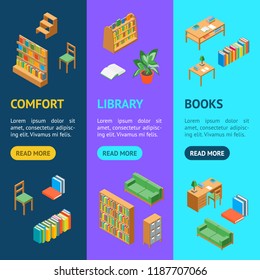 Furniture for Library 3d Banner Vecrtical Set Isometric View Include of Book, Bookshelf, Bookcase, Table, Chair, Textbook and Lamp. Vector illustration