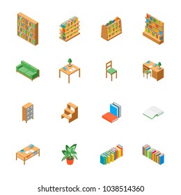 Furniture for Library 3d Icons Set Isometric View Include of Book, Bookshelf, Bookcase, Table, Chair, Textbook and Lamp. Vector illustration