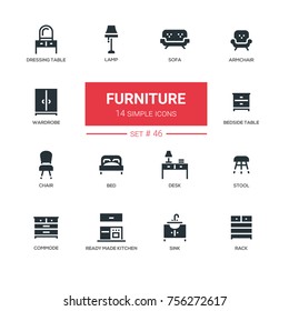 Furniture - line design icons set. Items for interior design, shop. Sofa, armchair, dressing table, lamp, wardrobe, bedside table, chair, bed, desk, stool, commode, ready made kitchen, sink, rack
