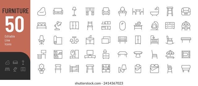 Furniture Line Editable Icons set Vector illustration in modern thin line style of furniture and decor related icons: upholstered, cabinet and garden furniture, decorative and lighting elements.