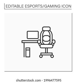 Icono de línea de mobiliario. Cómoda mesa y sillón para jugar. Oficina, sala de juegos. Concepto de ciberdeporte. Ilustración vectorial aislada.Icono editable