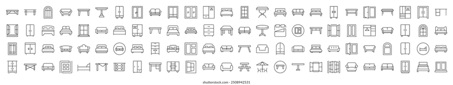 Furniture Line Icon Pack. Modern Collection for Design, Web Sites, Apps, Cards. Contains Linear Images of Dresser, Couch, Sofa, Table, Window