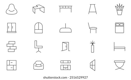 Symbolsatz für Möbelzeile. Kabinett, Schrank, Sofa, Schrank, Lampe, Stuhl, Hauspflanze, Gartenmöbel, Bodenbeleuchtung, Scheinwerfer, Schreibtischlampe, Laterne, Kronleuchter Linie Ikonensatz. UI Thin Line Icon Pack.