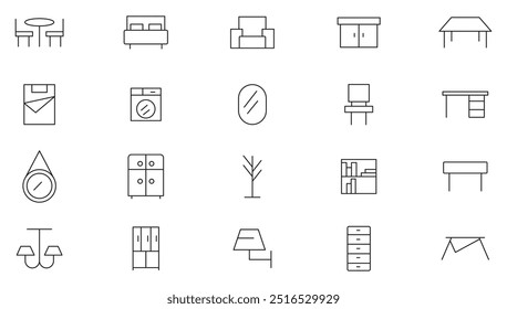 Symbolsatz für Möbelzeile. Kabinett, Schrank, Sofa, Schrank, Lampe, Stuhl, Hauspflanze, Gartenmöbel, Bodenbeleuchtung, Scheinwerfer, Schreibtischlampe, Laterne, Kronleuchter Linie Ikonensatz. UI Thin Line Icon Pack.