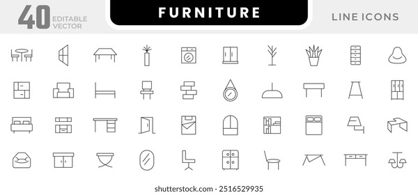 Symbolsatz für Möbelzeile. Kabinett, Schrank, Sofa, Schrank, Lampe, Stuhl, Hauspflanze, Gartenmöbel, Bodenbeleuchtung, Scheinwerfer, Schreibtischlampe, Laterne, Kronleuchter Linie Ikonensatz. UI Thin Line Icon Pack.