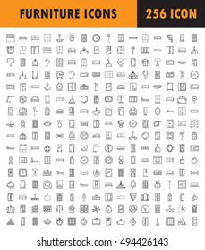 Furniture line icon set. Collection of high quality thin pictograms for design home's interior. Outline symbols for design website or mobile app. 256 signs buttons, logos, etc.