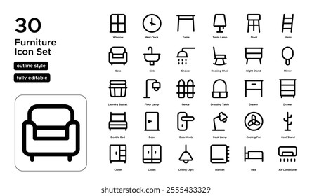 Furniture Line Icon Set: Home Decor, Living Room, Bedroom, and Office Furniture Icons