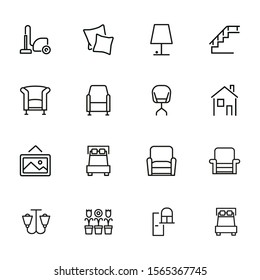 Furniture line icon set. Set of line icons on white background. Lamp, stair, chair, bed. Interior concept. Vector illustration can be used for household, interior, design