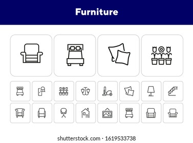 Furniture line icon set. Set of line icons on white background. Lamp, stair, chair, bed. Interior concept. Vector illustration can be used for household, interior, design