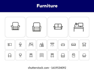 Furniture line icon set. Set of line icons on white background. Chair, bed, table. Indoor concept. Vector illustration can be used for topics like furniture, design, interior