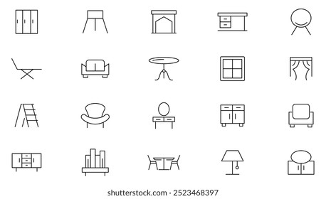 Furniture line icon set. Kitchen, bedroom, sofa table, bookcase closet, chair, mattress, lamps,  living room, Sofa, cabinet line icon set. UI thin line icon pack.