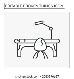 Furniture Line Icon. Smashed Workplace. Destroyed Desk, Lamp And Chair. Vandalism In Office. Broken Things Concept. Isolated Vector Illustration. Editable Stroke