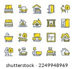 Furniture line icons. Balcony, house terrace and garden deckchair set. Home furniture, bath tub and fireplace line icons. Resort terrace and balcony, outdoor chair. Sliding wardrobe. Vector