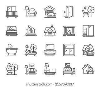 Furniture line icons. Balcony, house terrace and garden deckchair set. Home furniture, bath tub and fireplace line icons. Resort terrace and balcony, outdoor chair. Sliding wardrobe. Vector - Shutterstock ID 2157070337