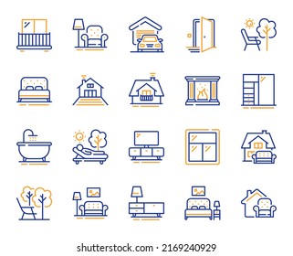 Furniture line icons. Balcony, house terrace and garden deckchair set. Home furniture, bath tub and fireplace line icons. Resort terrace and balcony, outdoor chair. Sliding wardrobe. Vector