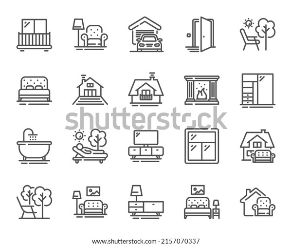 Furniture line icons. Balcony, house terrace and\
garden deckchair set. Home furniture, bath tub and fireplace line\
icons. Resort terrace and balcony, outdoor chair. Sliding wardrobe.\
Vector